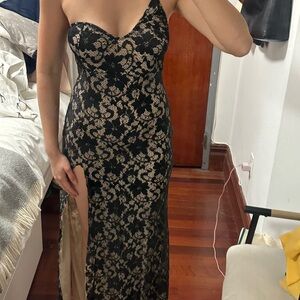 Elegant Black and Gold Lace Evening Dress